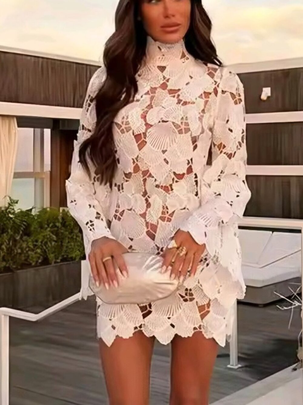 Summer Crochet Hollow-out Mini Dress Women Beach Stand Collar Full Flare Sleeve